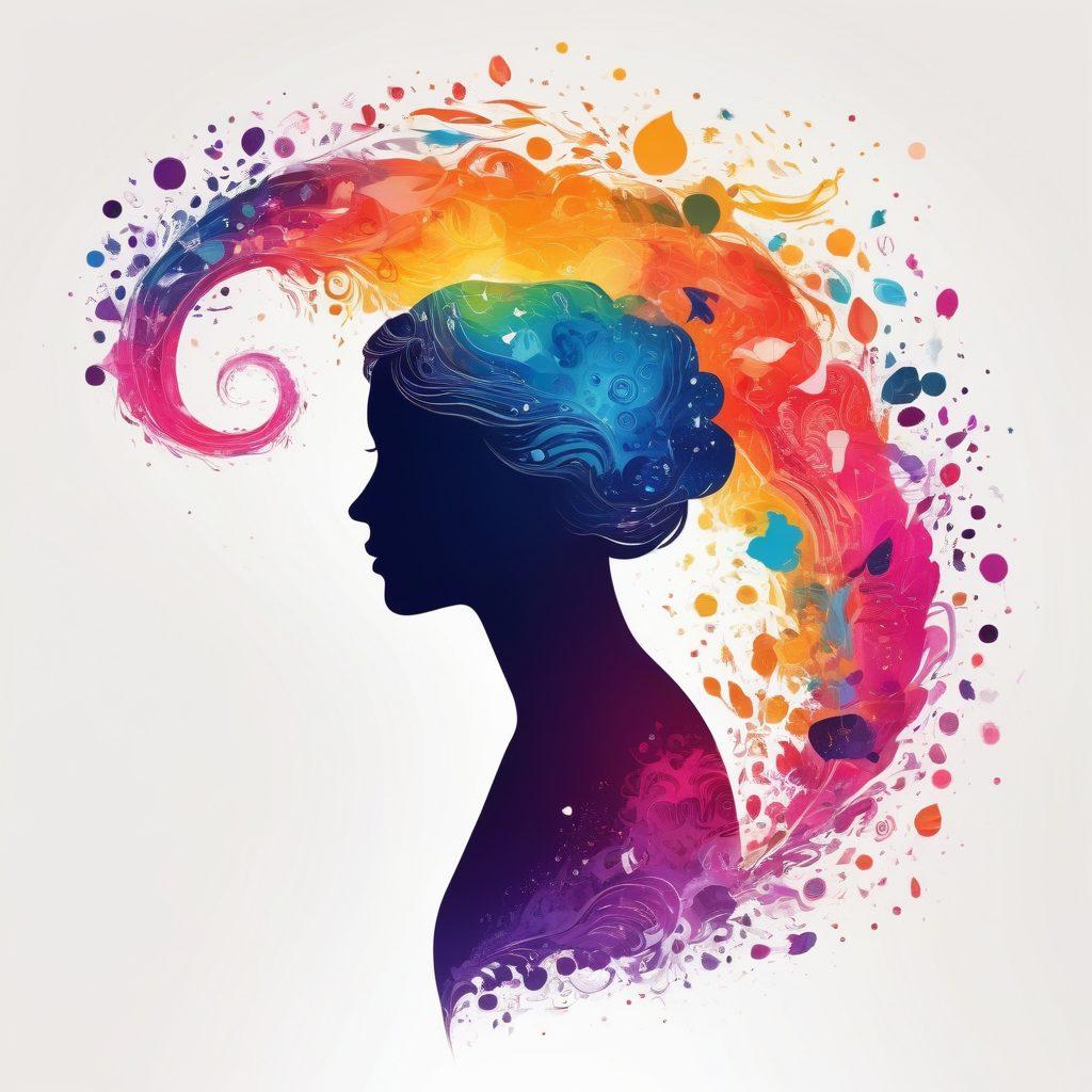 A mesmerizing digital diary filled with vibrant, swirling thoughts transforming into words on a page. A silhouette of a person deep in contemplation, surrounded by floating icons representing creativity and digital content creation. The background features abstract patterns symbolizing the flow of ideas and inspiration. The palette includes bright and vivid colors to evoke a sense of imagination and energy. super-realistic. vibrant colors. white background.