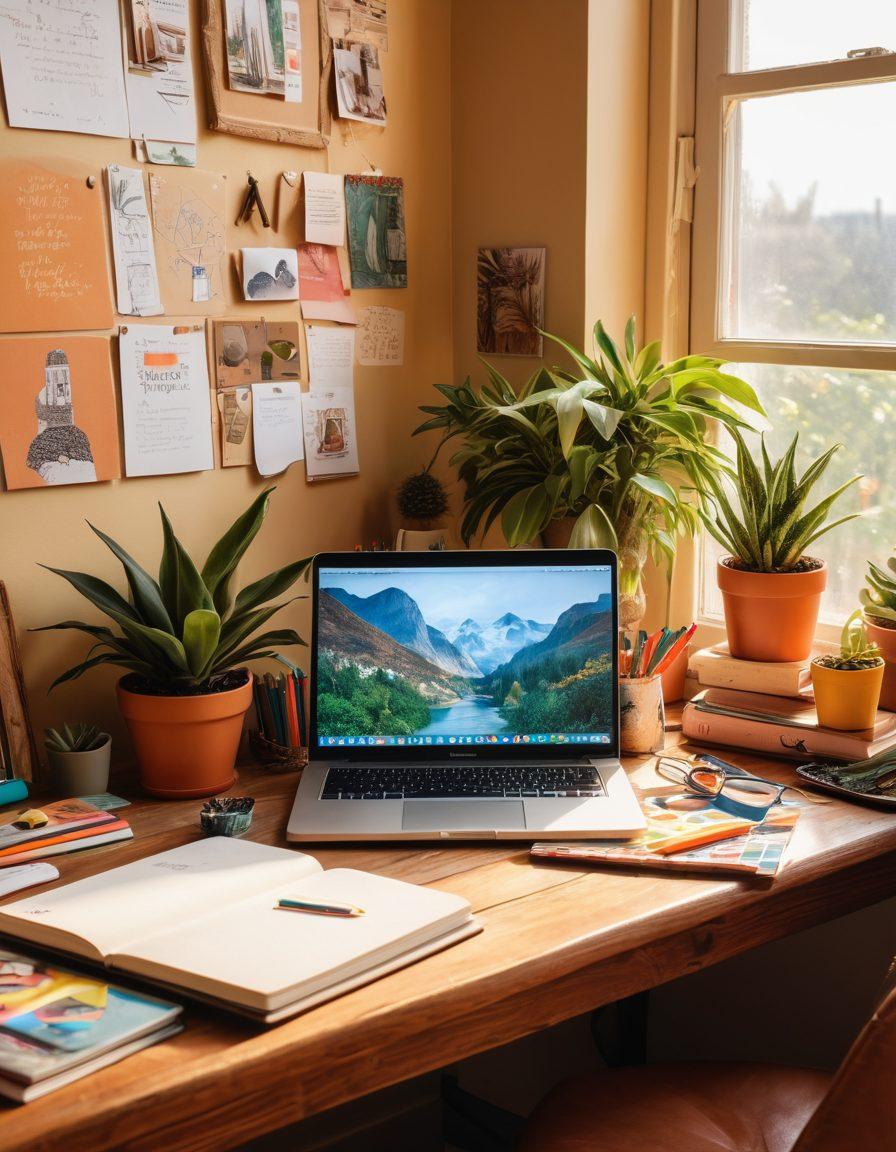 A cozy workspace featuring a wooden desk adorned with notebooks, colorful pens, and a laptop displaying a vibrant blog interface. Soft sunlight filtering through a window illuminates potted plants and artistic decorations, creating an inviting atmosphere for writing. In the background, a collage of photos and notes represents the journey of Castillo blogging enthusiasts. Warm color palette. super-realistic. vibrant colors.