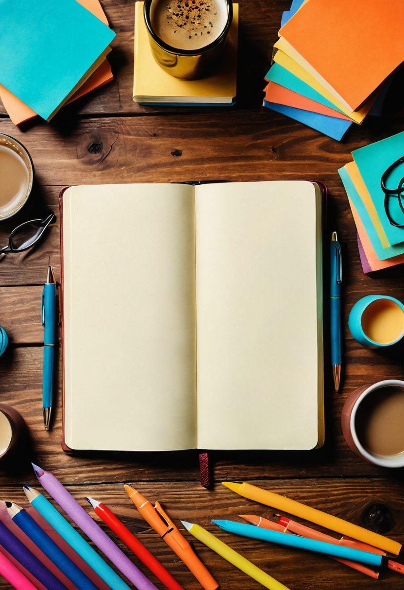 A beautifully designed journal open on a wooden table, surrounded by colorful pens and sticky notes, with a subtle background of a warm, welcoming café filled with books and people engaging in conversation. Include elements that symbolize community, like a circle of diverse hands reaching towards the journal. Create a sense of inspiration and creativity. soft lighting. vibrant colors. cozy atmosphere.